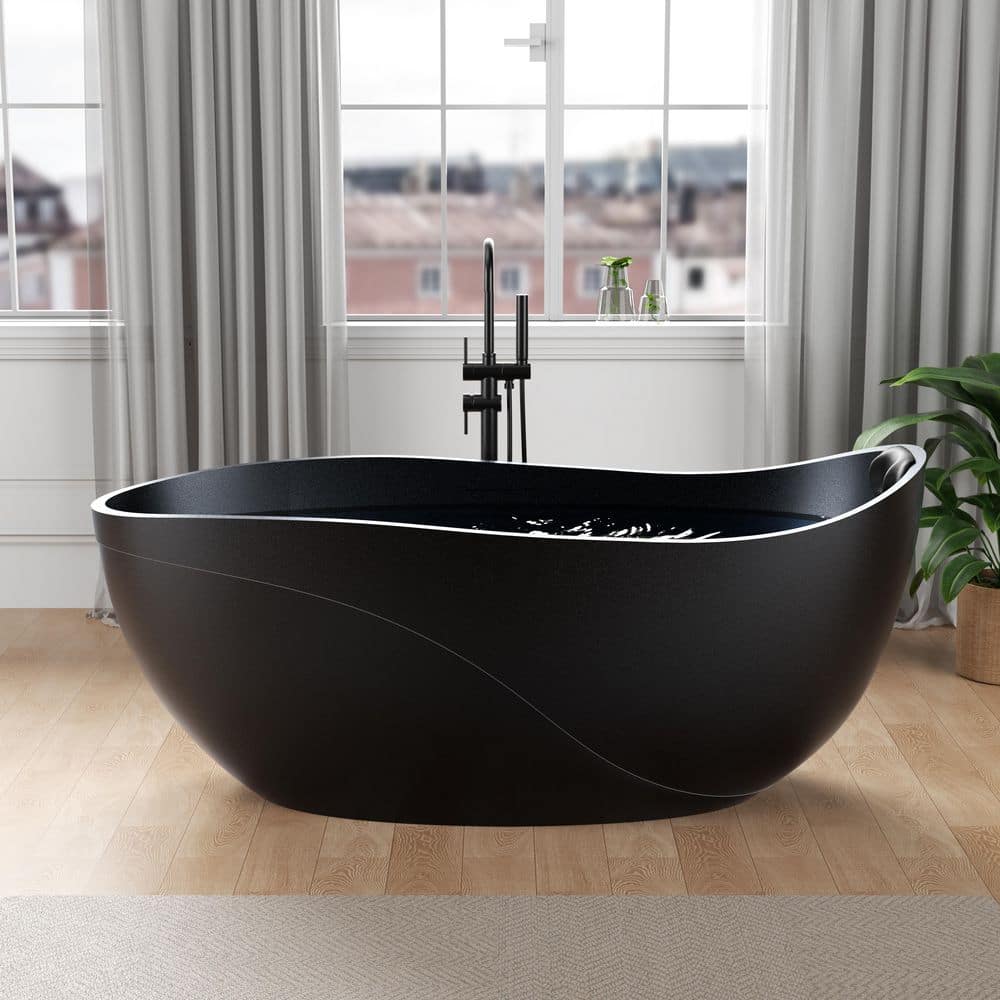ANZZI Kelut Series 68 x 32 Soaking Flat Bottom Freestanding Bathtub with Center Drain in Full Black with Headrest (3)