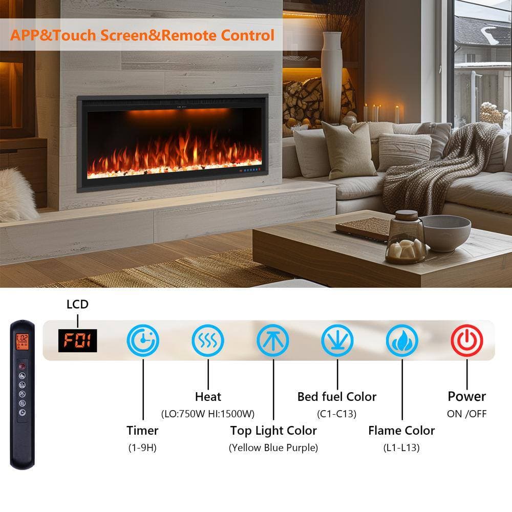 Delandgrand 48 in. Smart Electric Fireplace, Recessed and Wall Mount Fireplace, 1-9H Timer, 507 Color Combinations (3)