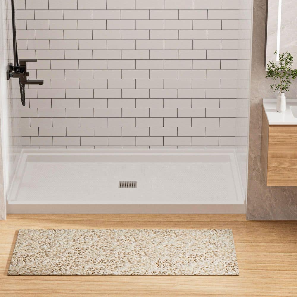 AZUPIN KW 60 in. L 32 in. W Alcove Solid Surface Shower Pan Base with Drain White with Brushed Nickel Cover (1)