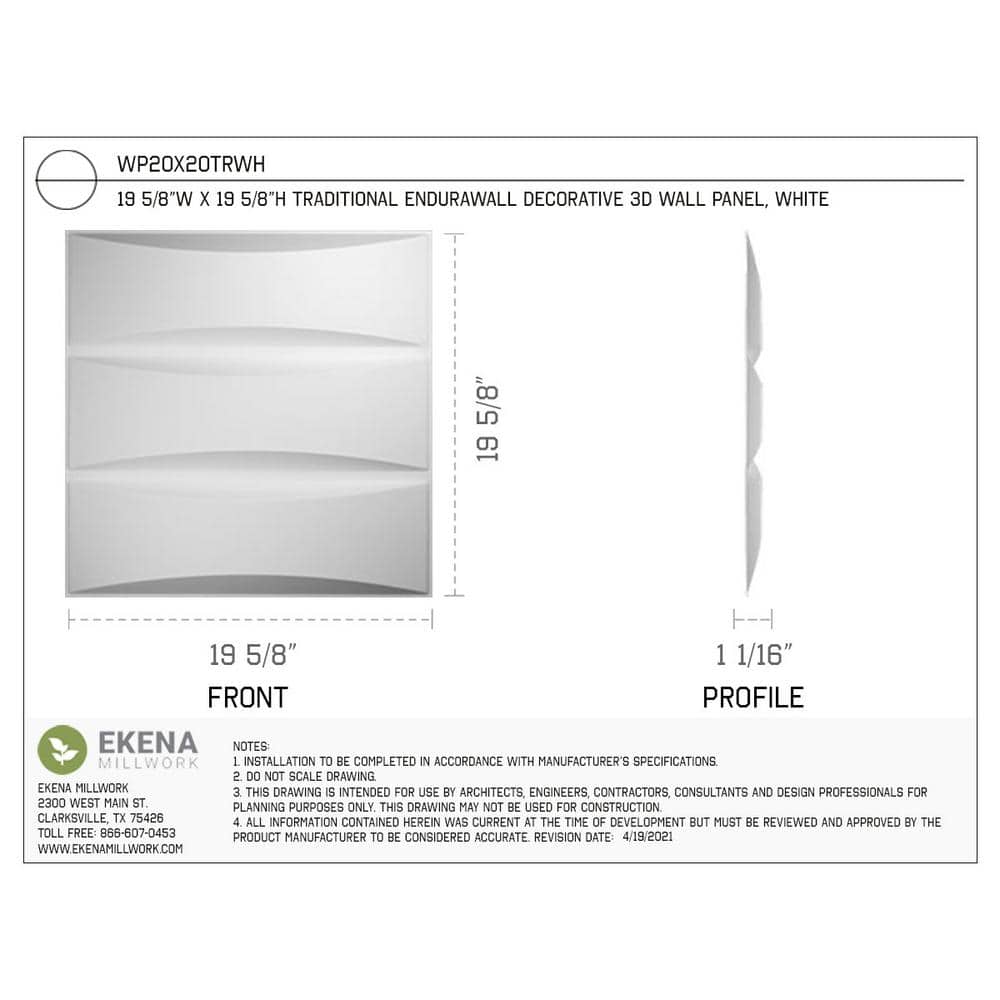 Ekena Millwork 1-1/16 in. x 19-5/8 in. x 19-5/8 in. PVC White Traditional EnduraWall Decorative 3D Wall Panel (2.67 sq. ft.) (2)