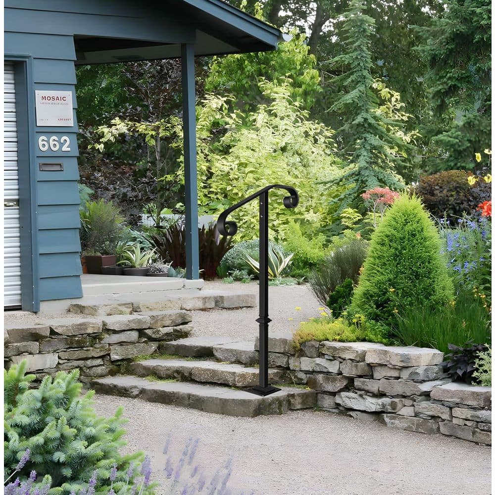 Afoxsos Single Post Wrought Iron Handrail Sturdy Outdoor Stair Handrails with Base Durable Construction for Steps (2)