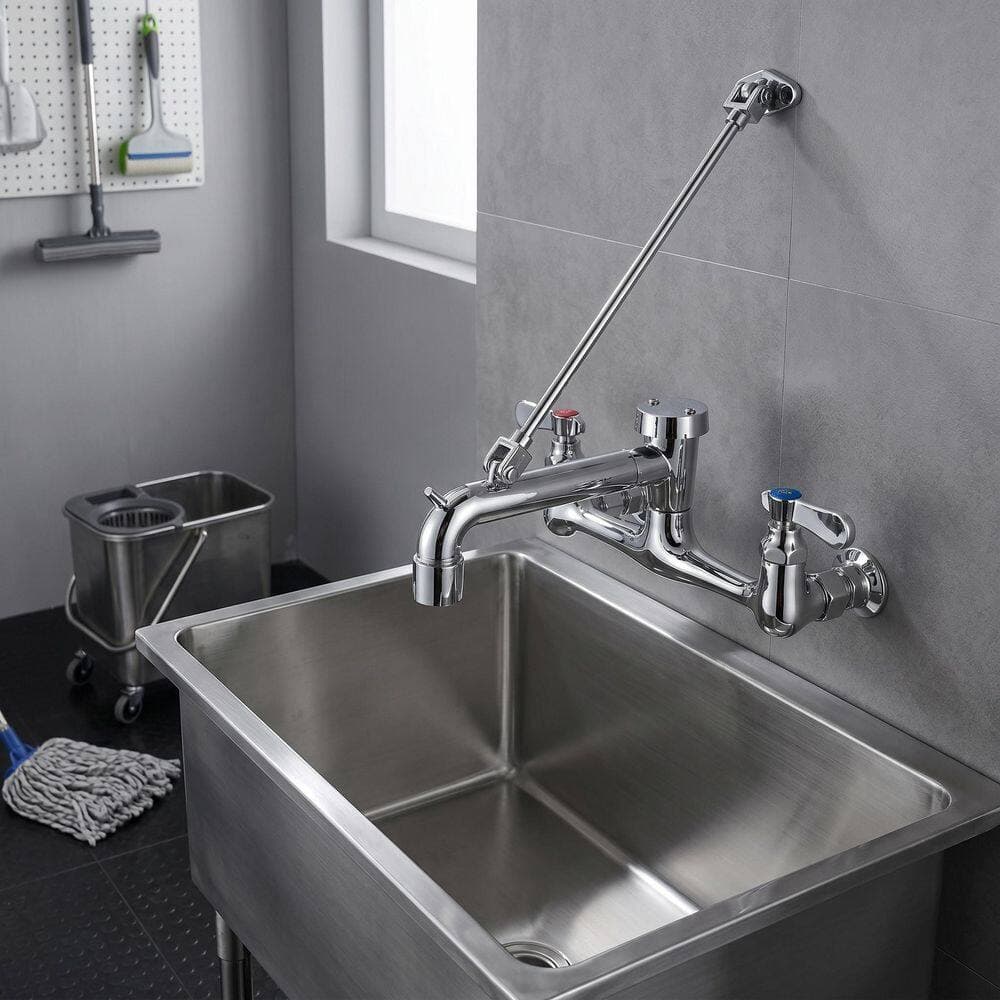 WOWOW Commercial 2-Handle Wall Mount Mop Sink Faucet with 8 Inch Adjustable Center Utility Faucet in Polished Chrome (2)