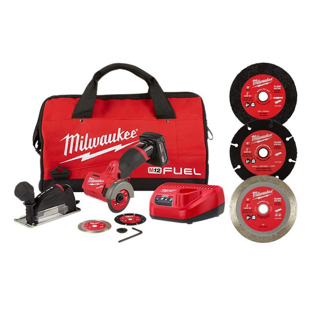Milwaukee M12 FUEL 12V 3 in. Lithium-Ion Brushless Cordless Cut Off Saw Kit with Battery Charger and 3 in. Blades (5-Pack) (1)