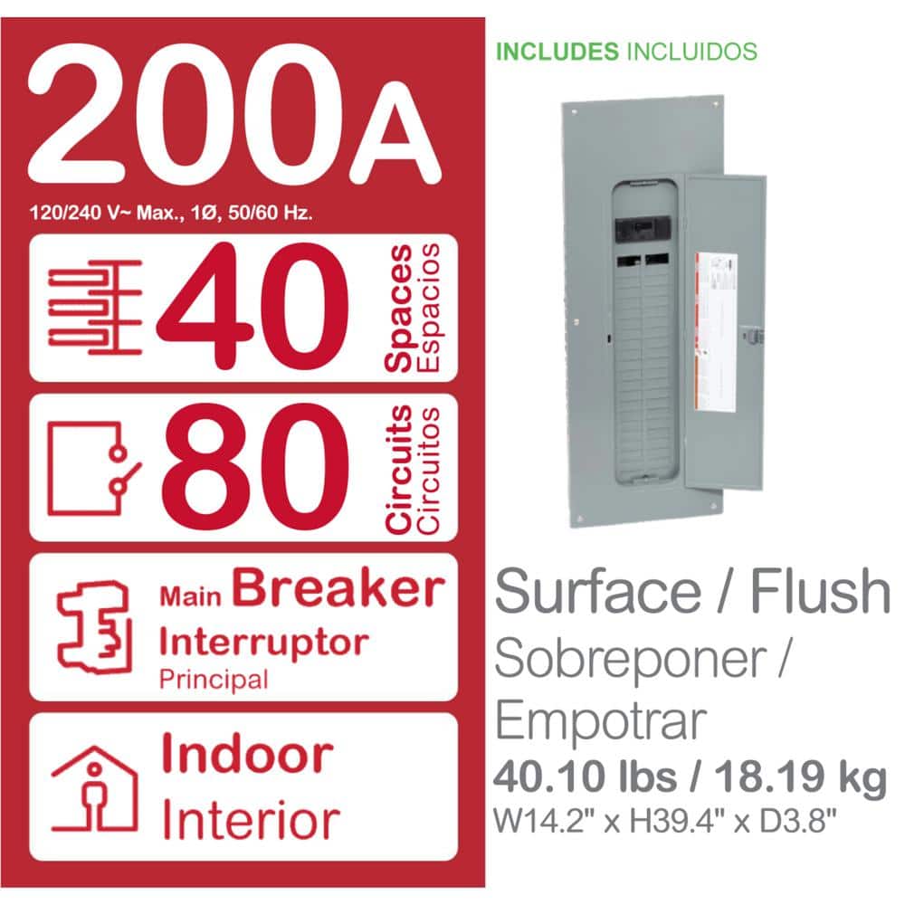 Square D Homeline 200 Amp 40-Space 80-Circuit Main Breaker Qwik-Grip Plug On Neutral Electrical Panel w/ Breakers, Cover-Value Pk (3)