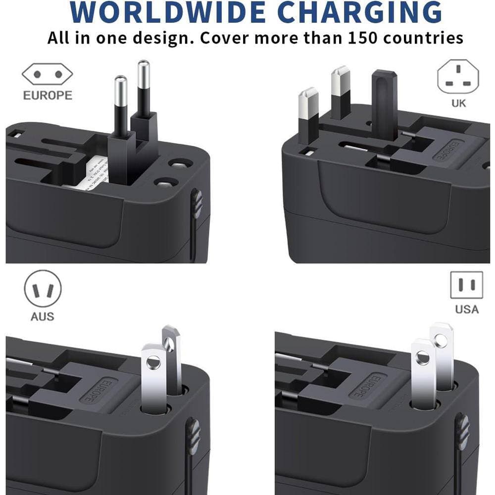 Lukyamzn 1-Outlet Surge Protector Universal Travel Plug Adapter with 1 USB-C Port and 1 USB-A Port for Phones and Laptops, Black (2)