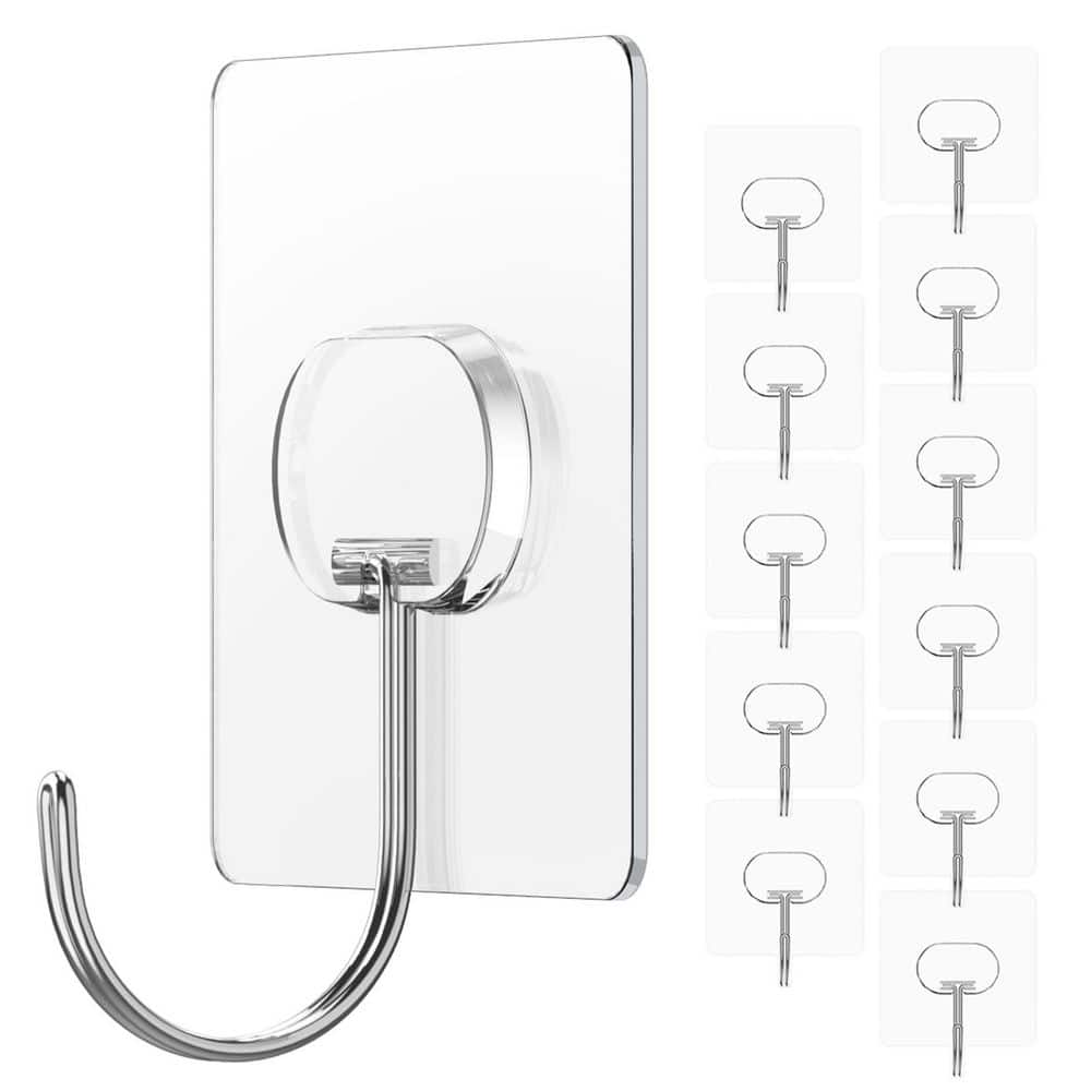 Wudkey 12-Pack J-Hook Robe/Towel Hook in Clear, Large Adhesive Hooks for Bathroom Shower Kitchen Keys Door, Utility Hook (2)