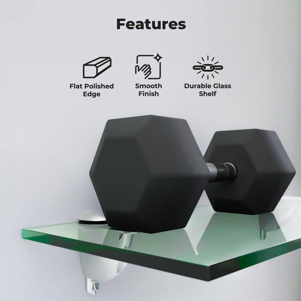Fab Glass and Mirror 27 in. D 0.37 in. H 4-3/4 in. W. Floating Wall Mount Clear Glass Rectangular Shelf Chrome Brackets (4)