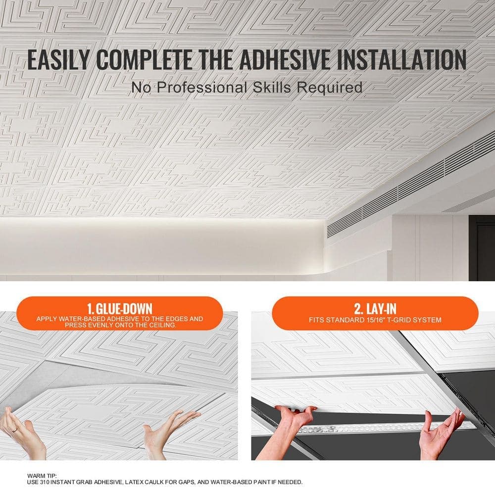 SKYSHALO Drop Ceiling Tiles, White 2 ft. x 2 ft. Standard Ceiling Tile 48 sq. ft. Premium PVC Sheet, Easy Installation, 12-Pack (3)