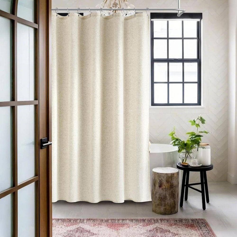 JFVKAF 72 x 72 in. Heavy Duty Washable Linen Shower Curtain Set with 12-Metal Hooks in Cream, Neutral Thick Cloth for Bathroom (3)