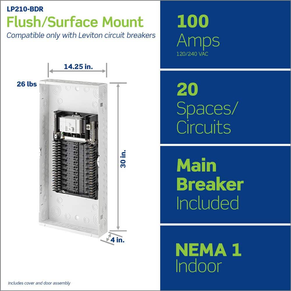 Leviton 100 Amp 20-Space, 20-Circuit Indoor Load Center with Main Circuit Breaker, Door Included LP210-BDR (3)