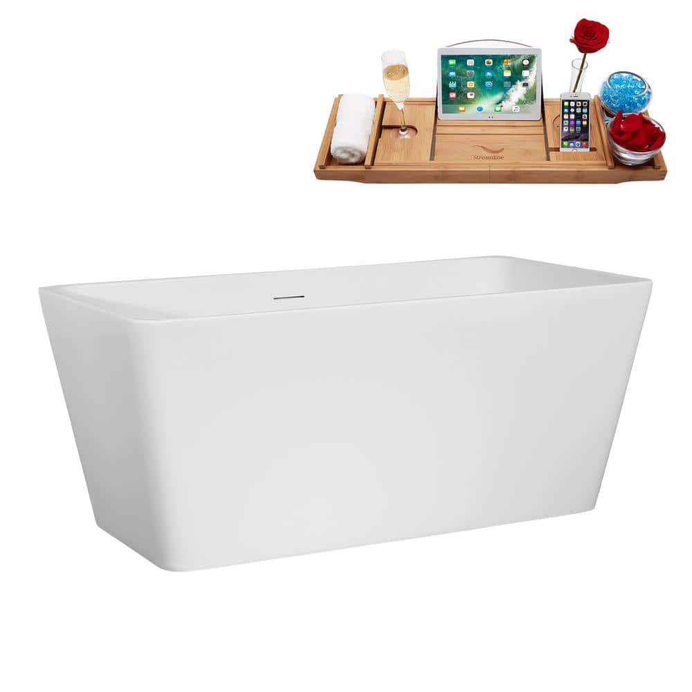 Streamline 51 in. x 28 in. Acrylic Freestanding Soaking Bathtub in Glossy White with Brushed Nickel Drain, Bamboo Tray (2)