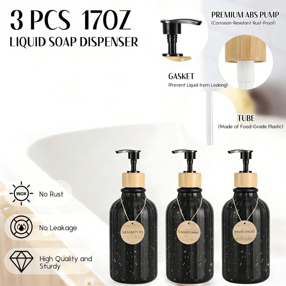 Wudkey Modern Farmhouse 17-Piece Bath Accessory Set with Soap Dispensers, Trash Can, Toilet Brush & Holder in Black (2)