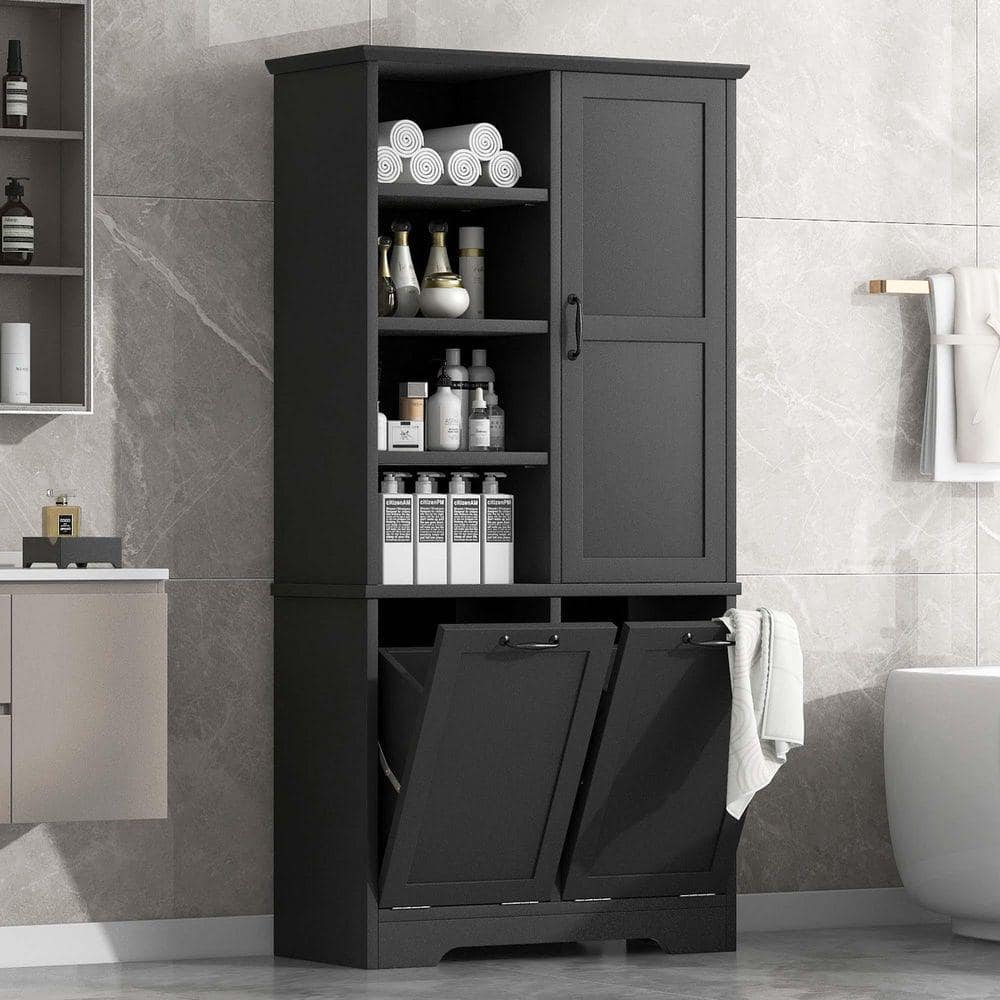 XUJMK 31 in. W x 14 in. D x 68 in. H Black Linen Cabinet, Storage Cabinet with Tilt-Out Laundry Hamper, Adjustable Shelves (2)