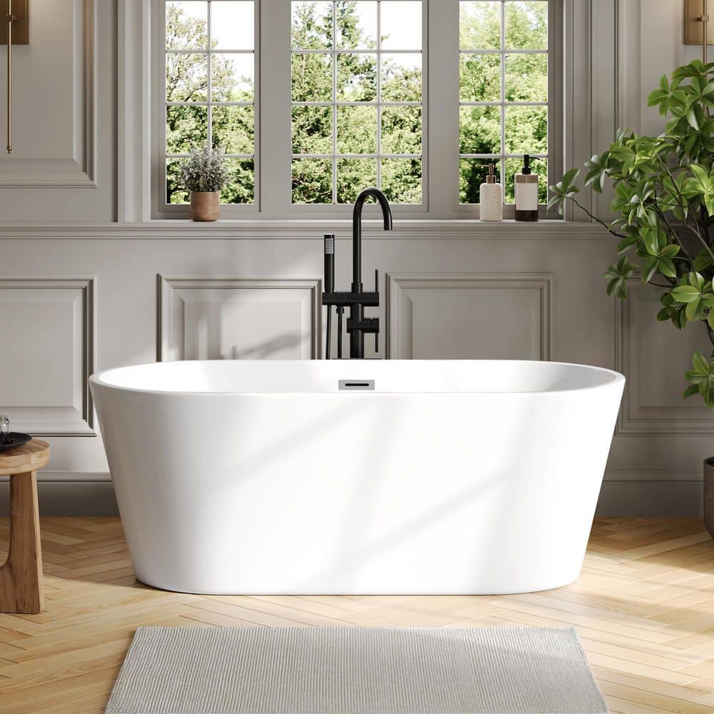 DEERVALLEY 59 in. x 27.5 in. Freestanding Alcove Soaking Acrylic Bathtub with Center Drain in White (1)