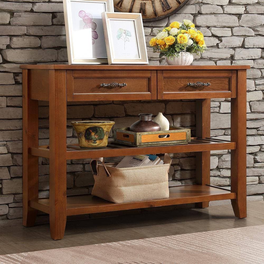 COWLOWN 42.01 in. W x 13.78 in. D x 29.92 in. H Brown Linen Cabinet Console Table with 2-Storage Drawers and 2-Tiers Shelves (3)