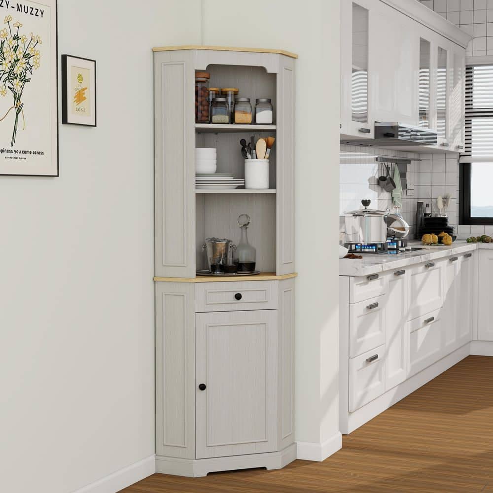 Unbranded Farmhouse Bar 17 in. W x 17 in. D x 68 in. H Tall Corner White Linen Cabinet with 1 Door, drawer and Adjustable Shelf (2)