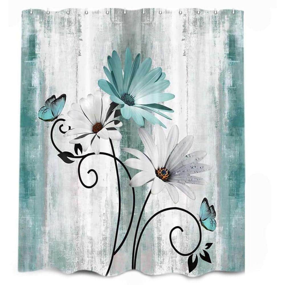 JFVKAF Farmhouse Shower Curtain 70 x 70 Teal Daisy Floral Butterfly Design with 12 Hooks Turquoise Blue Polyester (1)