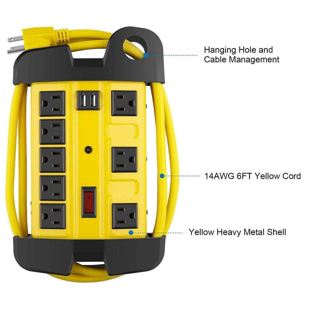 Lukyamzn 6 ft. Extension Cord 8-Outlet Heavy Duty Industrial Metal Power Strip Surge Protector in Yellow with USB (2)