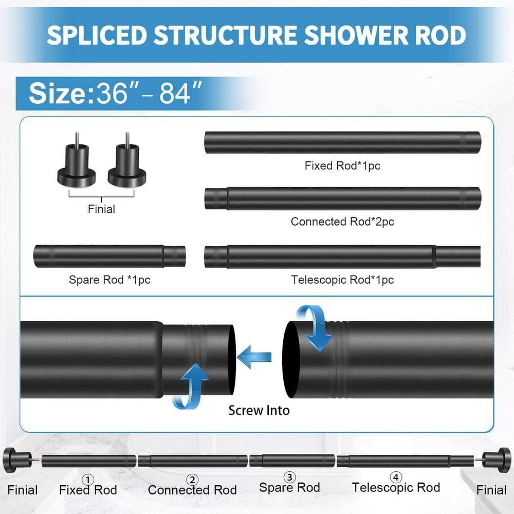 Lynzavix 84 in. Stainless Steel Adjustable Non-Rust Spring Tension Shower Curtain Rod No Drilling Anti-Slip in Black (3)