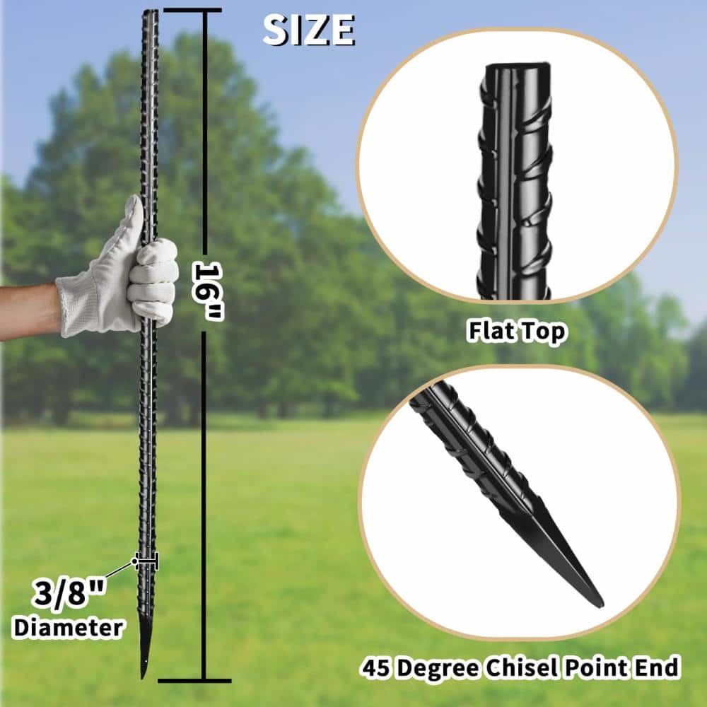 Unbranded 16 Inch Heavy Duty Rebar Stakes Steel Ground Stakes for Concrete Timber Garden Fence Landscape 18 Pack (3)