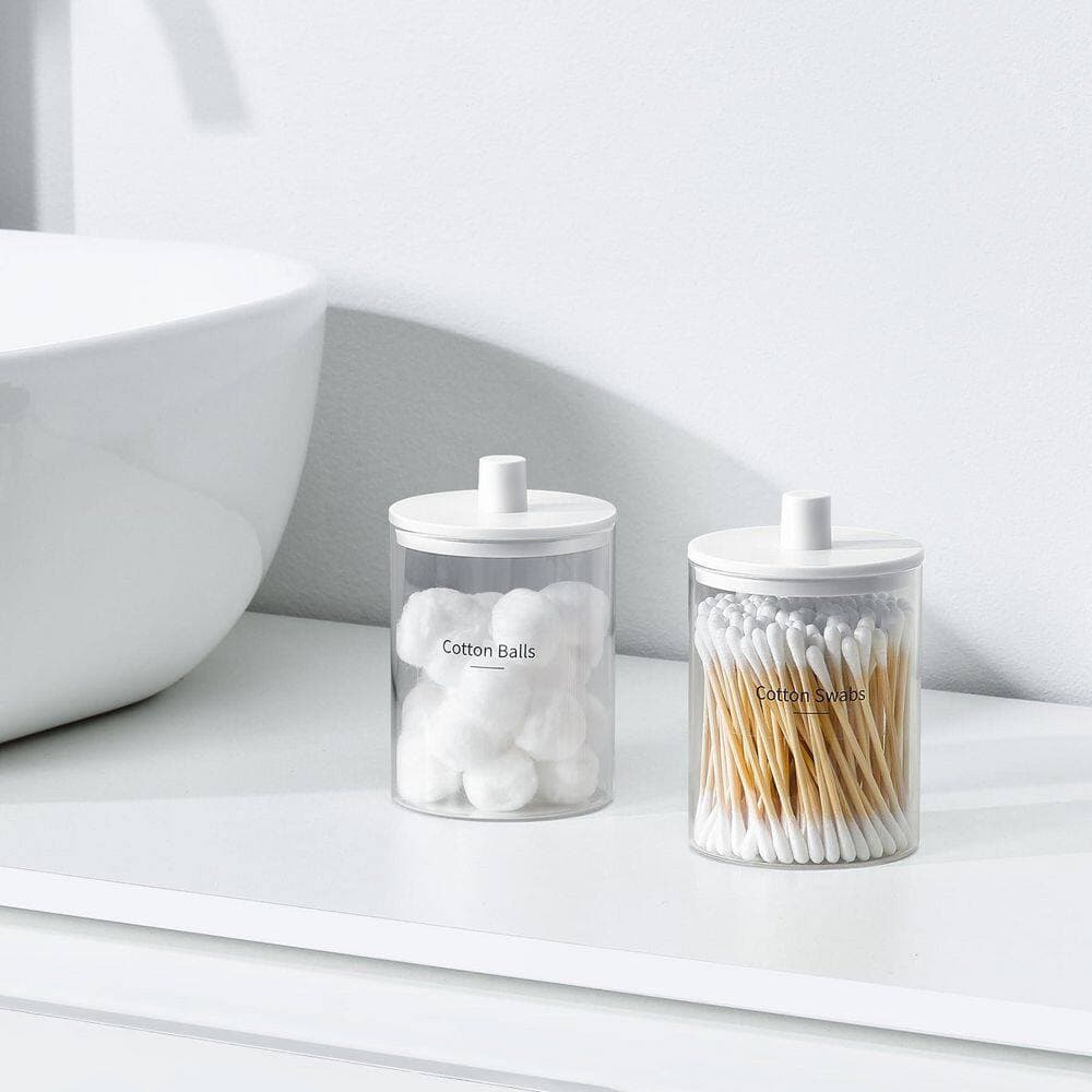 Numhew 2-Pack Glass Q-Tip Holder Dispenser 10 oz. Clear Canister Apothecary Jar, Bathroom Vanity Storage Organizer Set in White (2)