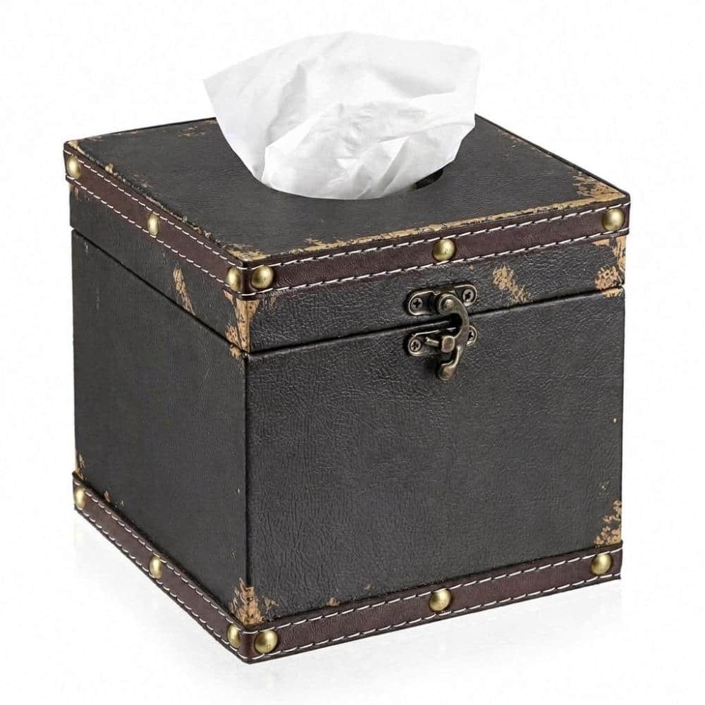 Unbranded Retro Square Tissue Box Cover Faux Leather Wrapped Solid Wood Frame Vintage Decorative Holder in Brown