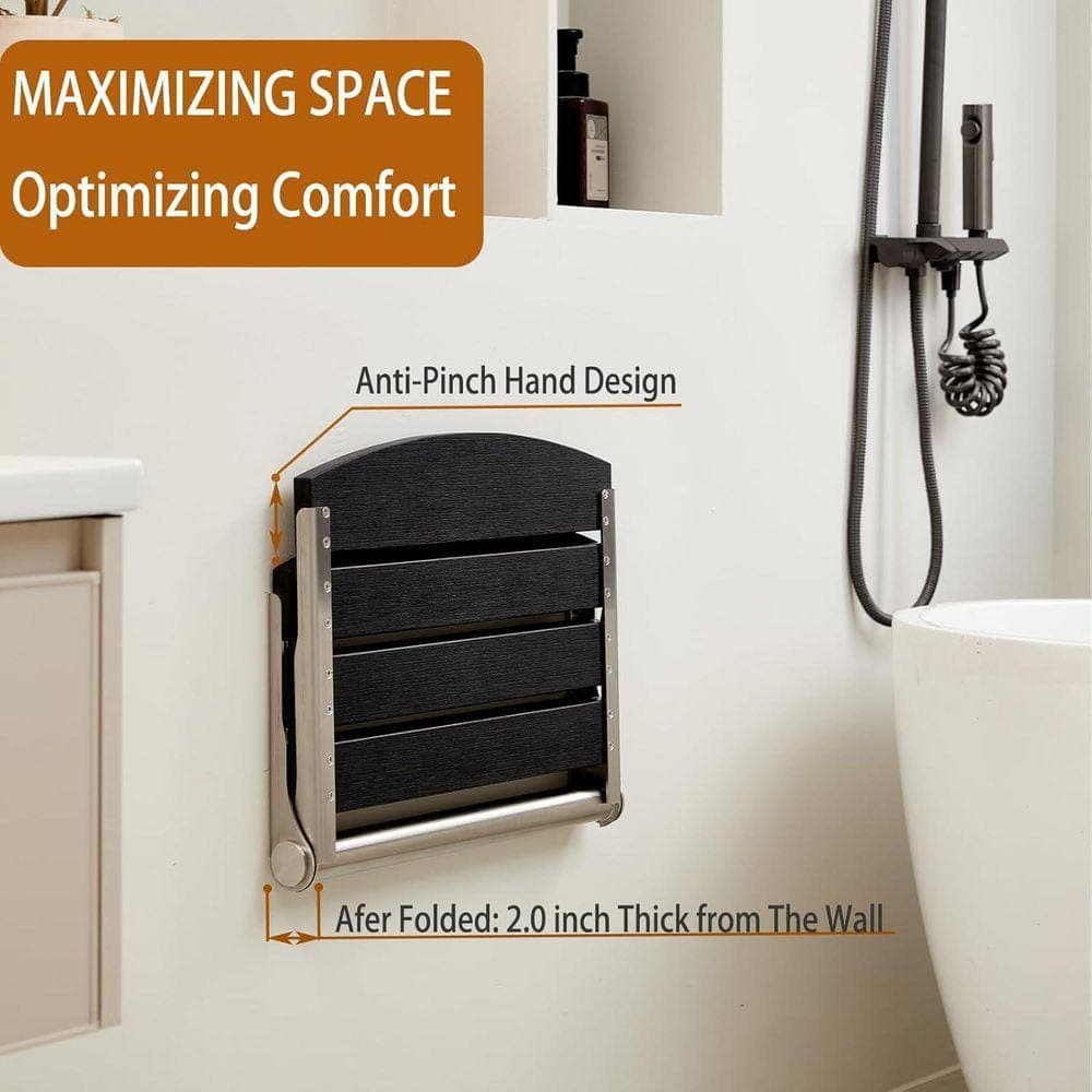 JFVKAF 17.5 in. W Fold Down Waterproof Durable Stainless Steel Hdps Plastic Wood Shower Chair in Black Wall Mounted Stool (2)