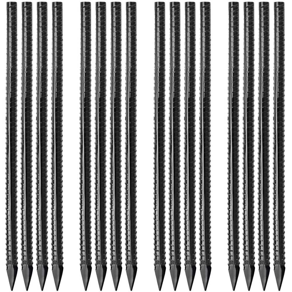 Laybus 16 in. Ground Rebar Stakes Heavy Duty Metal Spikes for Concrete Timber Garden Plant, Chisel Point End, Black, 16 Pcs
