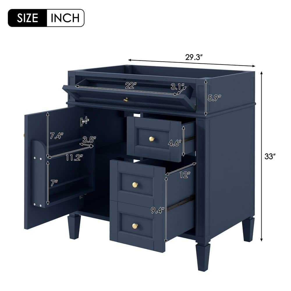 Buruis 29.3 in. Bath Vanity Cabinet without Top in Blue with 2 Drawers and a Tip-out Drawer, Basin Not Included (2)