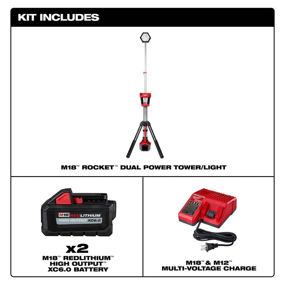 Milwaukee M18 18-Volt Lithium-Ion Cordless Rocket Dual Power Tower Light w/Two 6.0 Ah Battery and Charger (2)