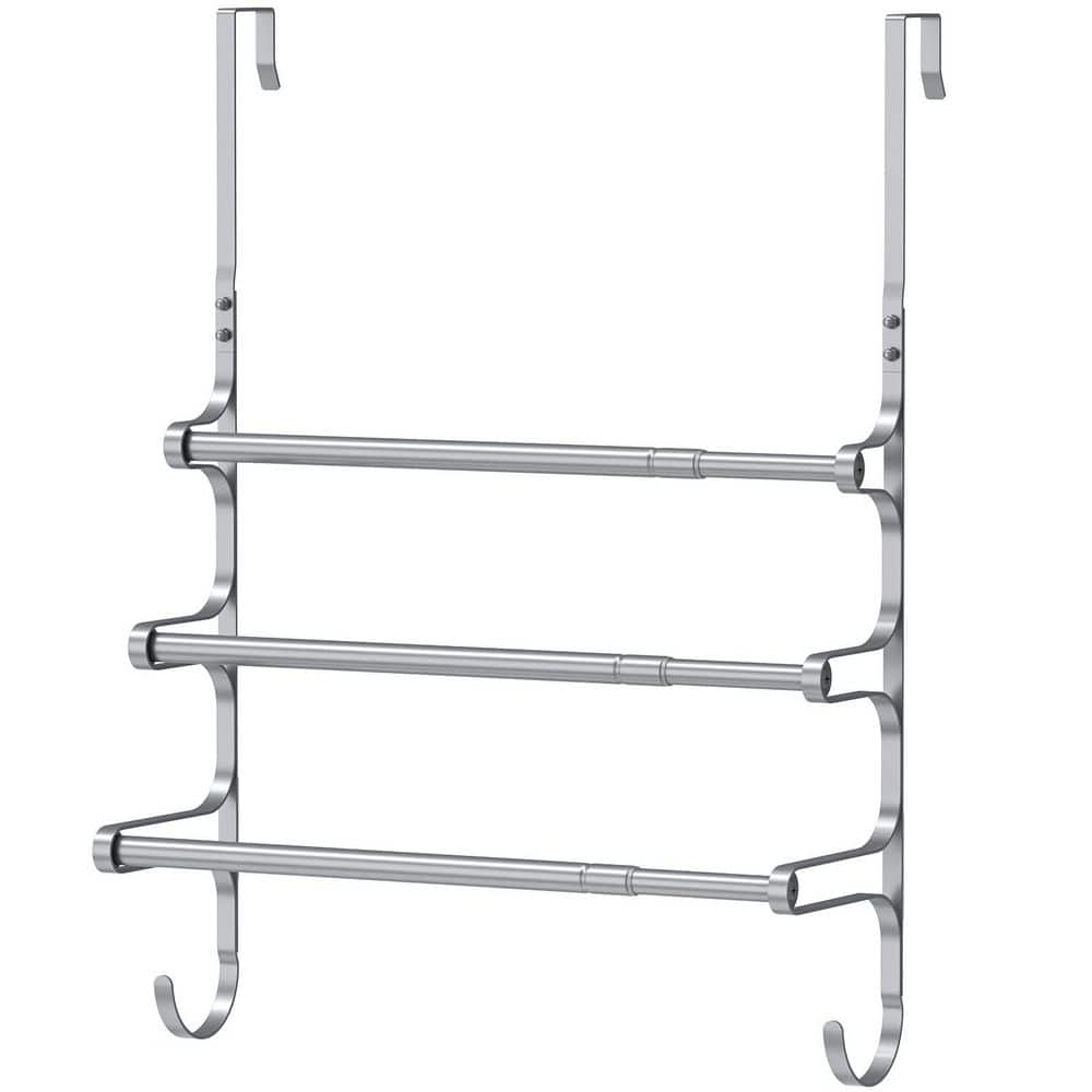 Wudkey 3-Bar Over The Door Towel Rack in Silver, Triple Towel Storage Holder with Hooks, Easy to Assemble, Durable and Sturdy