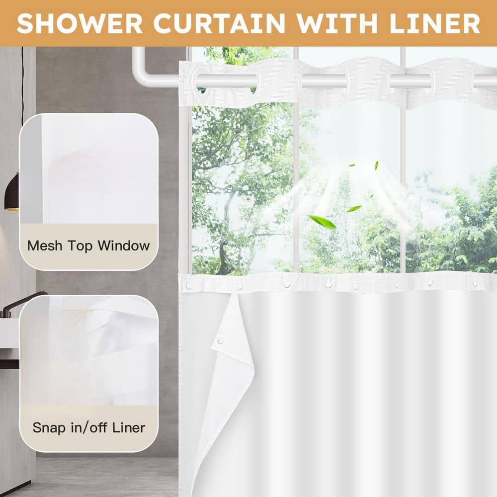 Numhew 71 in. W x 74 in. L Fabric Shower Curtain in Tufted Chevron Striped, Light-filtering No Hook, Mesh Top Window, in White (3)