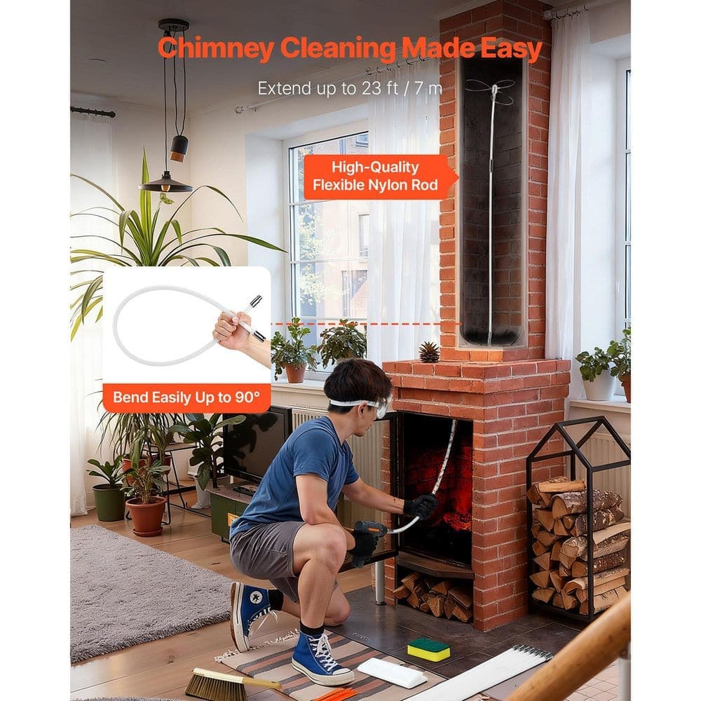 VEVOR Chimney Sweep Kit, 23 ft. Max Extendable Length Chimney Brush, Chimney Cleaner Sweeper w/ Dual Brush Heads/Brush/Goggles (3)