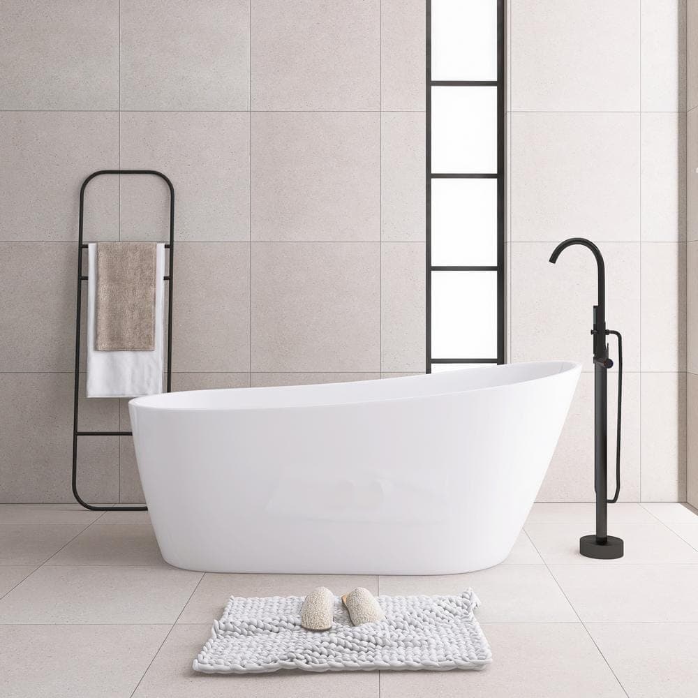 JimsMaison 60 in. Acrylic Freestanding Flatbottom Soaking Single Slipper Bathtub in Glossy White with Drain (1)