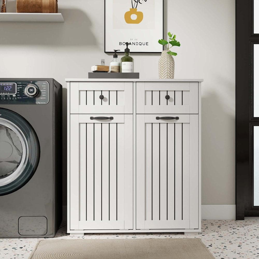 XUJMK 16 in W x 16 in D x 30 in H Linen Cabinet, Bathroom Laundry Cabinet with 2 Removable Laundry Basket, 2 Drawers, White (2)