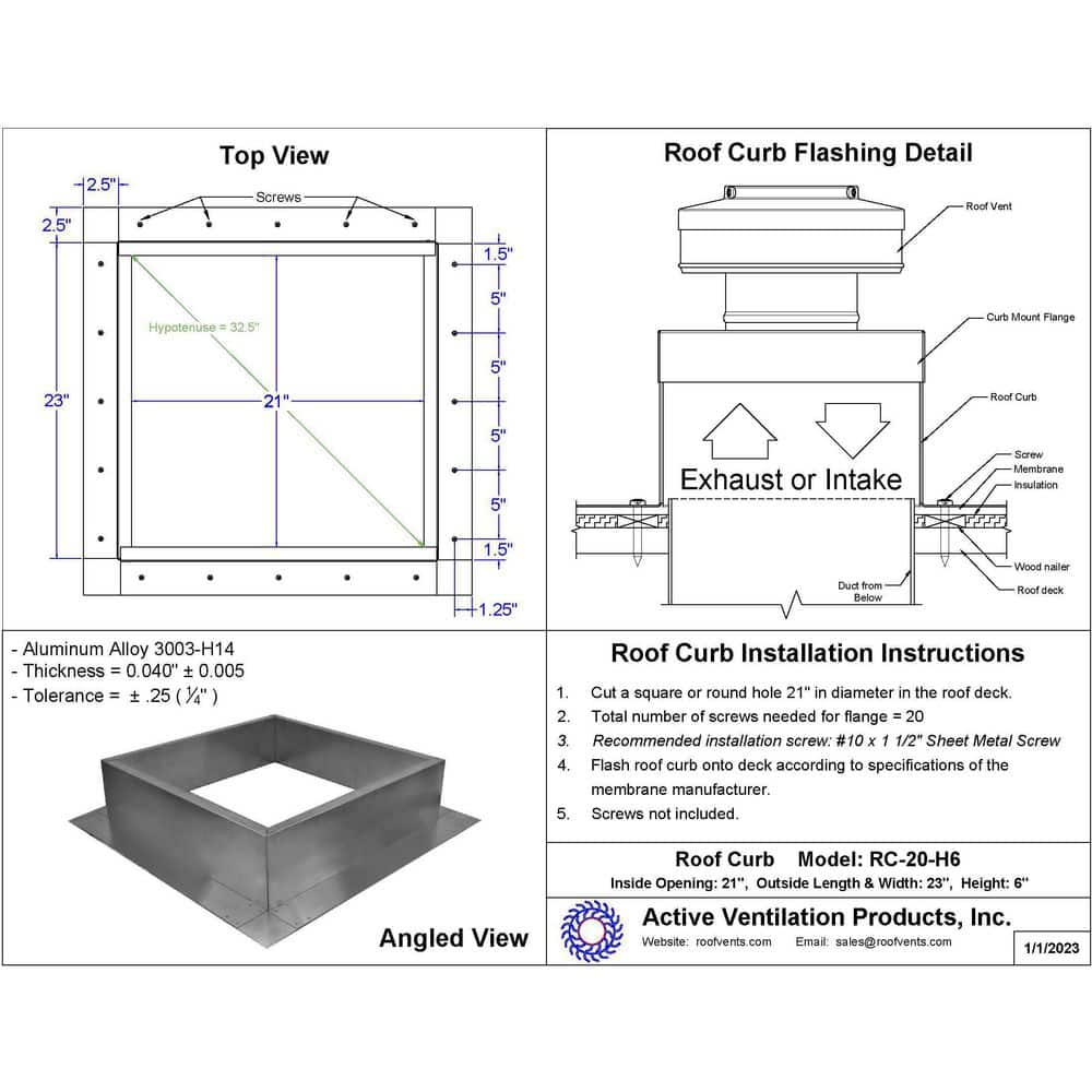 Active Ventilation Box is 23 in. Wide x 23 in. Long x 6 in. High Aluminum Roof Curb (2)