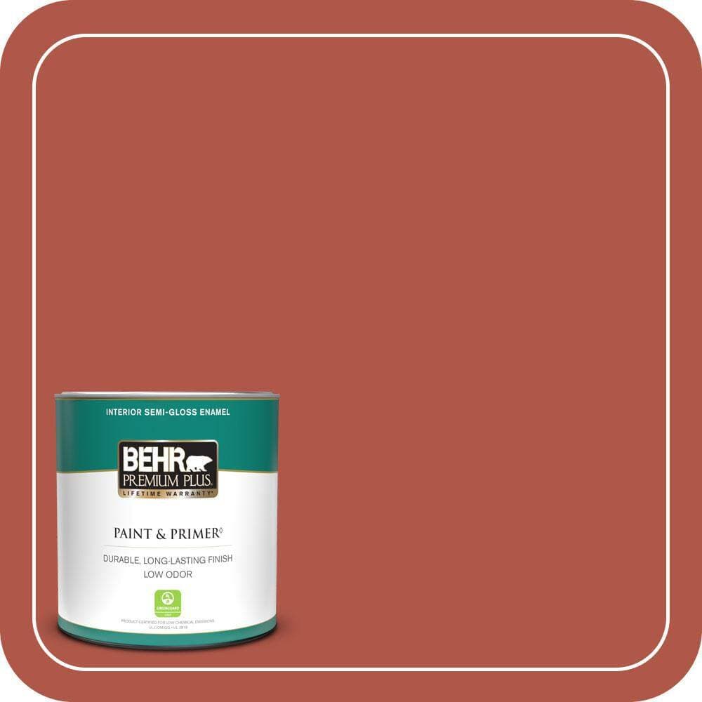 BEHR PREMIUM PLUS 1 qt. #PPU2-14 Tibetan Orange Semi-Gloss Enamel Low Odor Interior Paint & Primer
