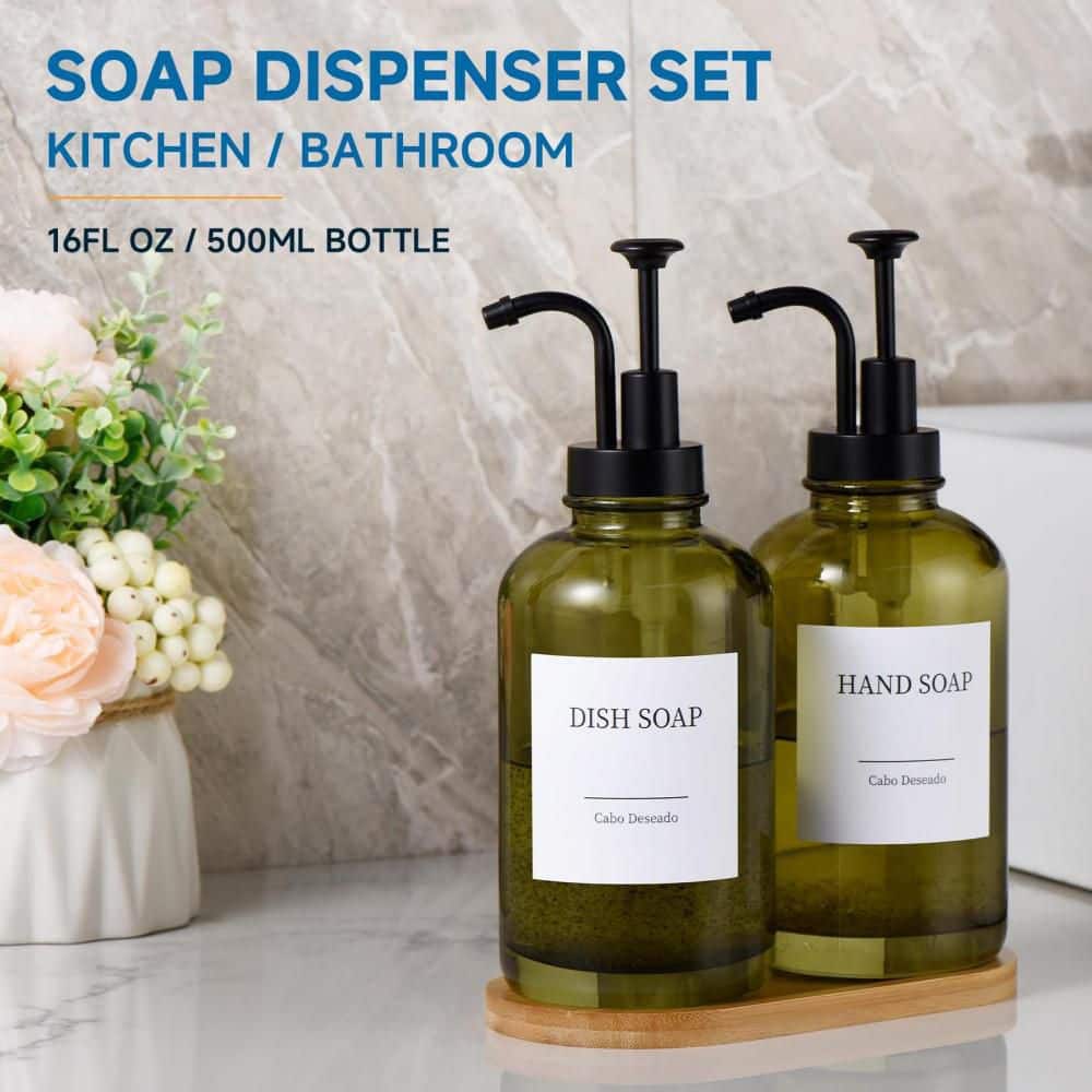 Numhew 18 oz. Glass Soap Dispenser with Pump, 18 Stickers, Funnel Bamboo Tray, (Set of 2), Black Pump, Olive Glass Dispenser (3)