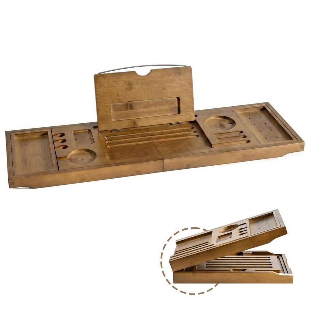 KHKFY Adjustable Bamboo Bathtub Tray Caddy with Wine Holder and Tablet Stand for 28.5-40 in. Tubs Walnut finish (1)