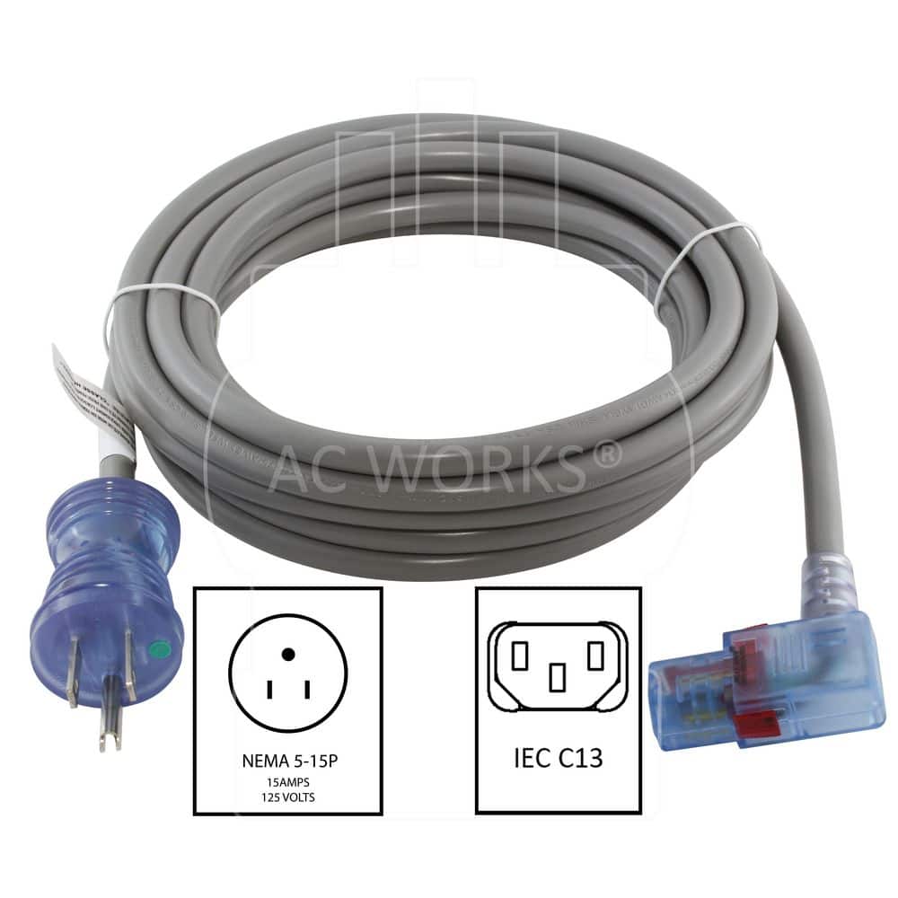 AC WORKS 15 ft. 14 / 3 15A Indoor Medical Grade Power Cord with Locking Right Angle IEC C13 in Gray (2)
