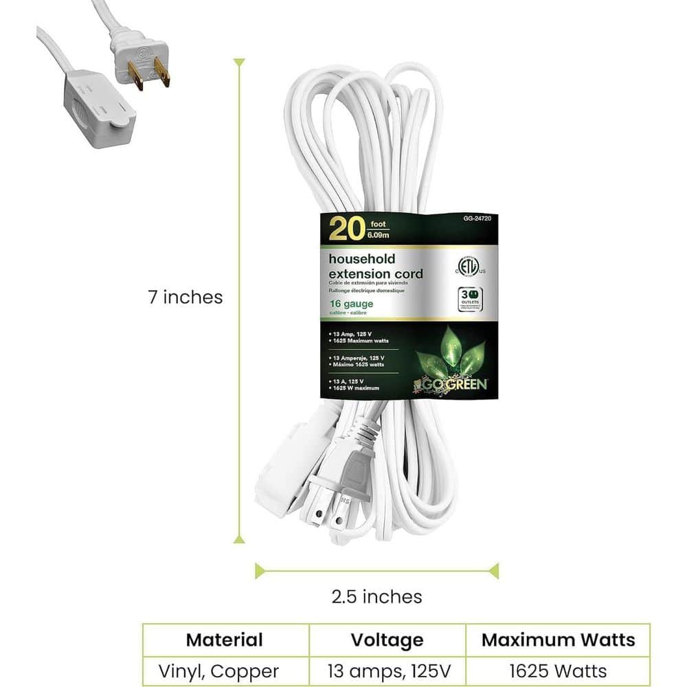 GoGreen Power 20 ft. 16/2 Indoor Household Extension Cord 3-Outlet White (5-Pack) (2)