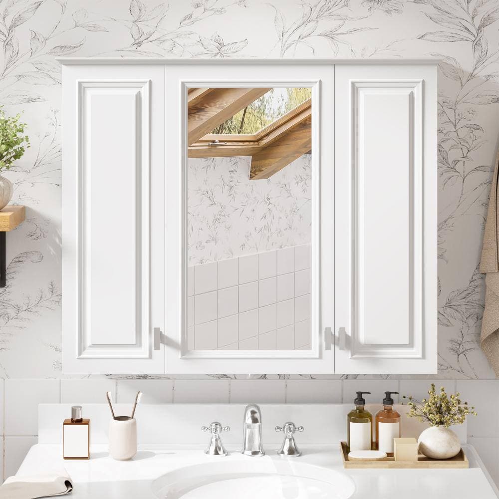 YSQCAR 35 in. W x 28.74 in. H Rectangular MDF Wall Medicine Cabinet with Mirror in White with Adjustable Shelves (2)