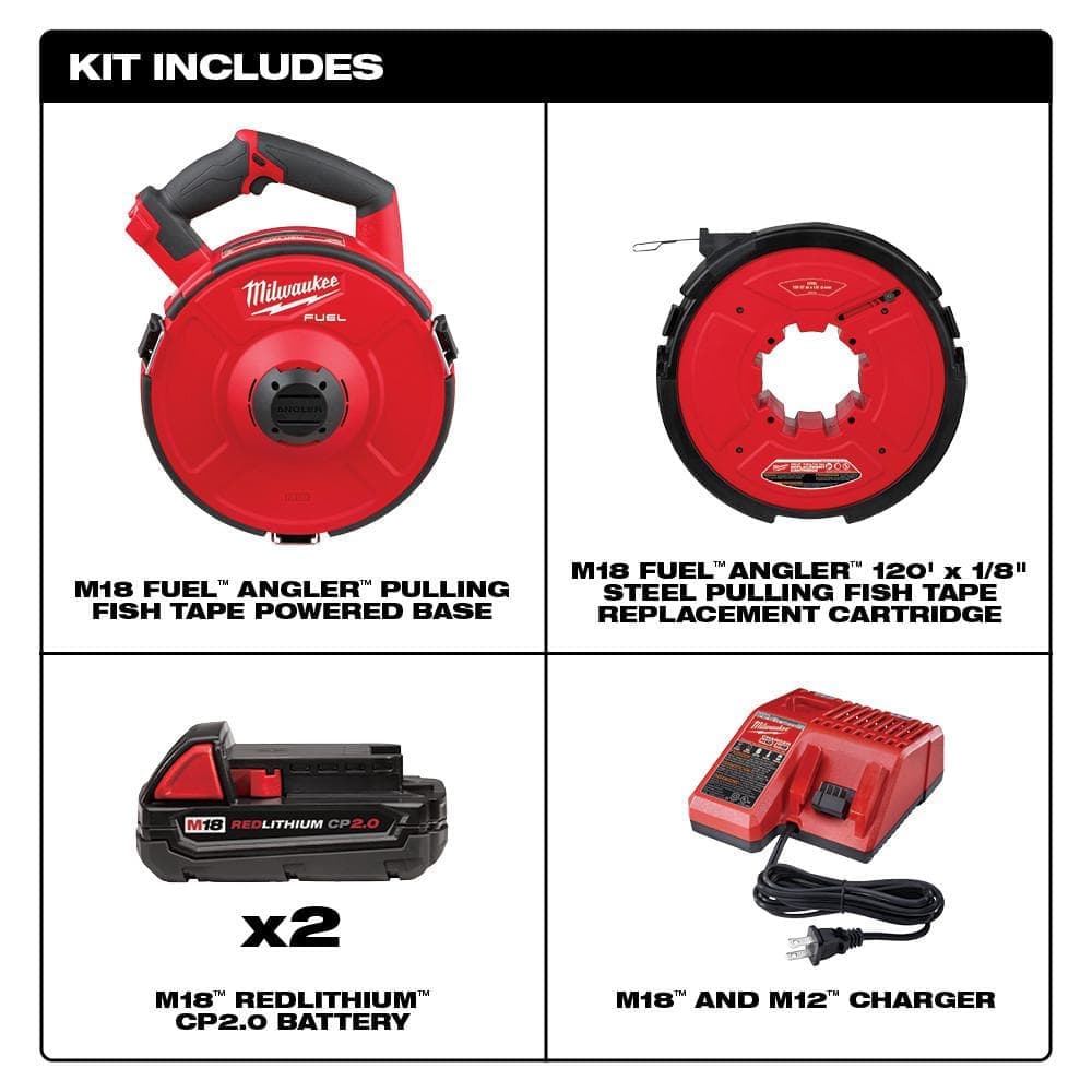 Milwaukee M18 FUEL 18V Lithium-Ion Brushless Cordless Angler 120 ft. Steel Pulling Fish Tape Kit W/ (2) 2.0Ah Batteries (2)