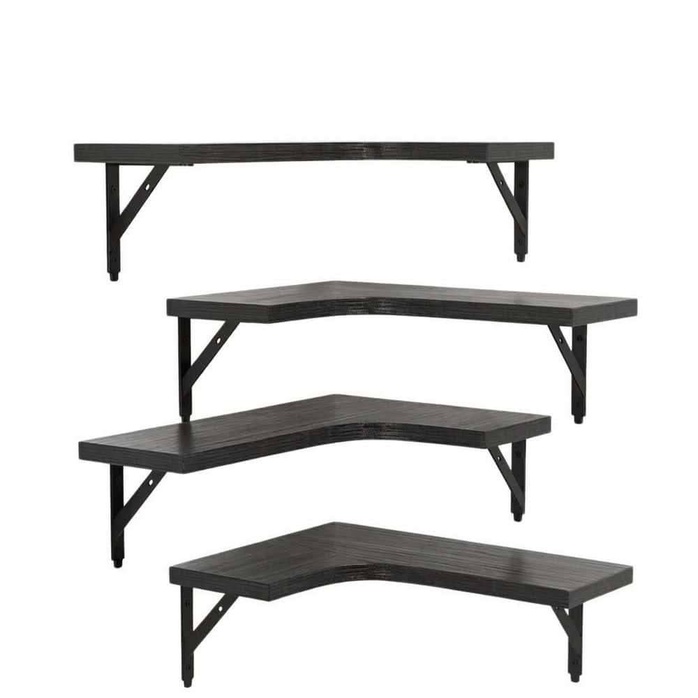 Wudkey 4-Pack 16 in. W x 0.6 in. H x 11.4 in. D Wood L-Shaped Wall Mounted Corner Floating Shelves in Black for Bathroom