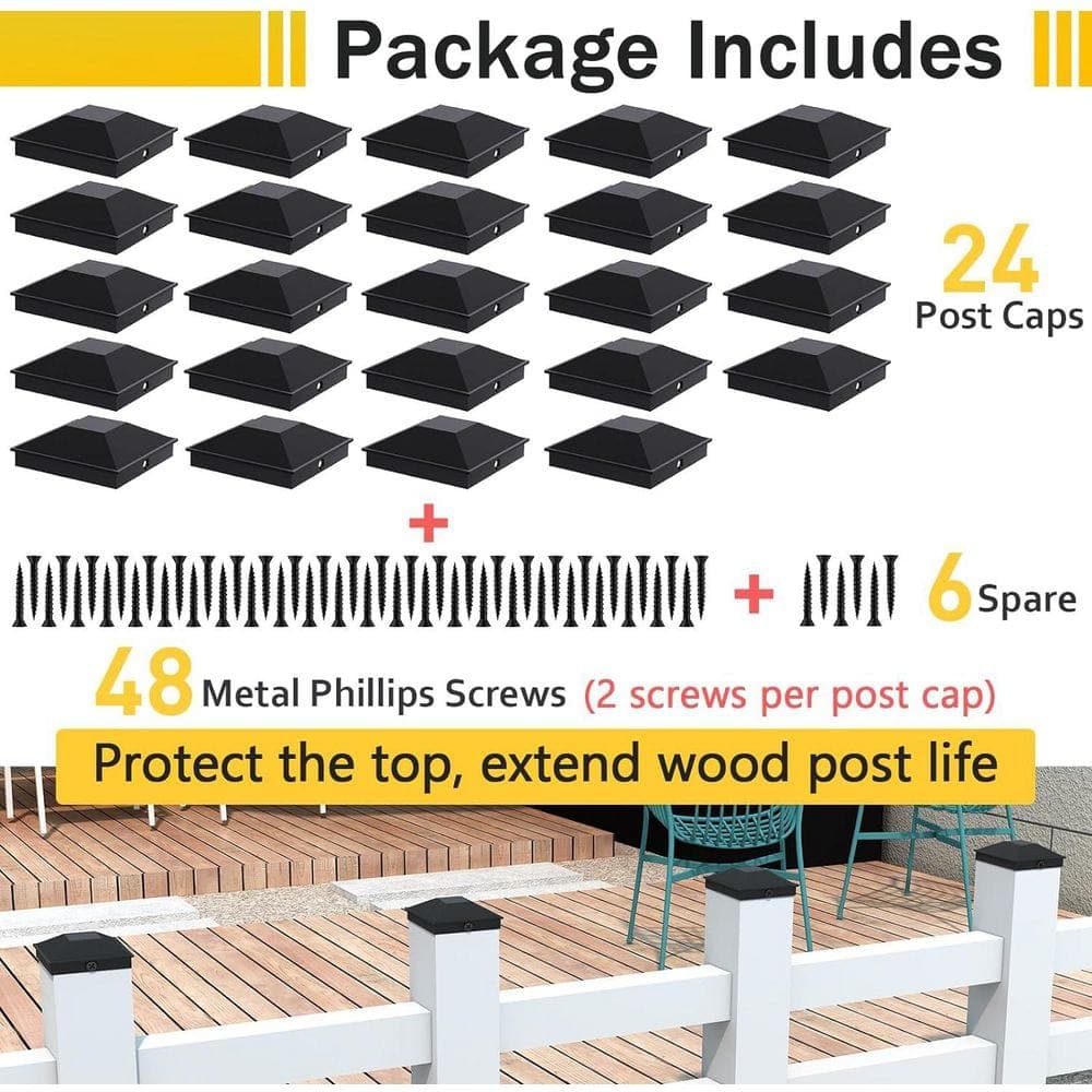 Afoxsos Black Plastic 4x4 Fence Post Caps with Frosted Finish and Screws (24-Pack) Sturdy Waterproof Deck Protection (2)