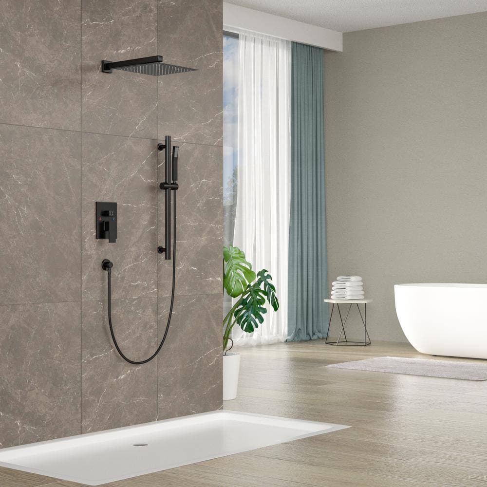 Logmey 2-Spray Patterns with 1.8 GPM 10 in. Wall Mount Dual Shower Head and Trim Kit with Valve Combo in Black (2)
