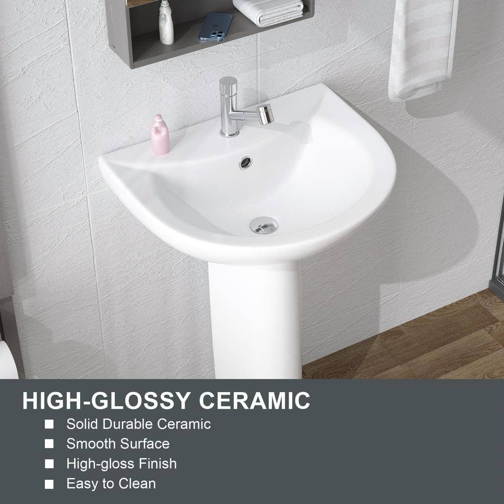 HOMLYLINK Pedestal Sink White Vitreous China Novelty U-Shape Pedestal Bathroom Sink with Overflow Combo Sink Single Faucet Hole (2)