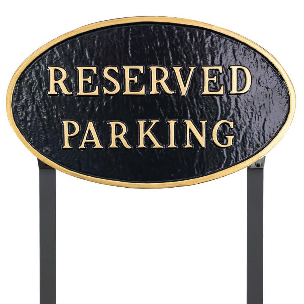 Montague Metal Products 10 in. x 18 in. Large Oval Reserved Parking Statement Plaque Sign with Lawn Stakes-Black/Gold