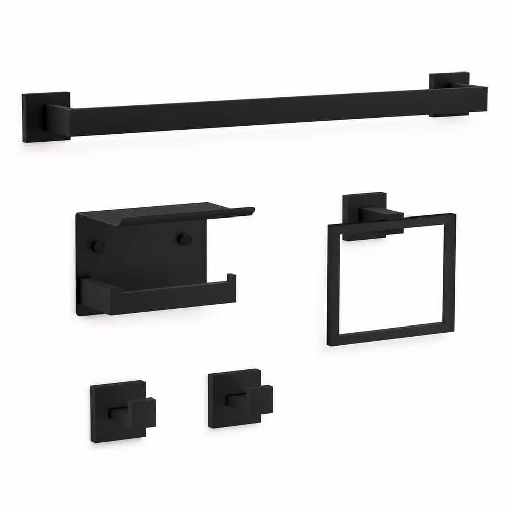 HOMEMYSTIQUE 5-Piece Bathroom Hardware Set with Towel Bar/Rack, Toilet Paper Holder, Towel Ring in Matte Black (1)