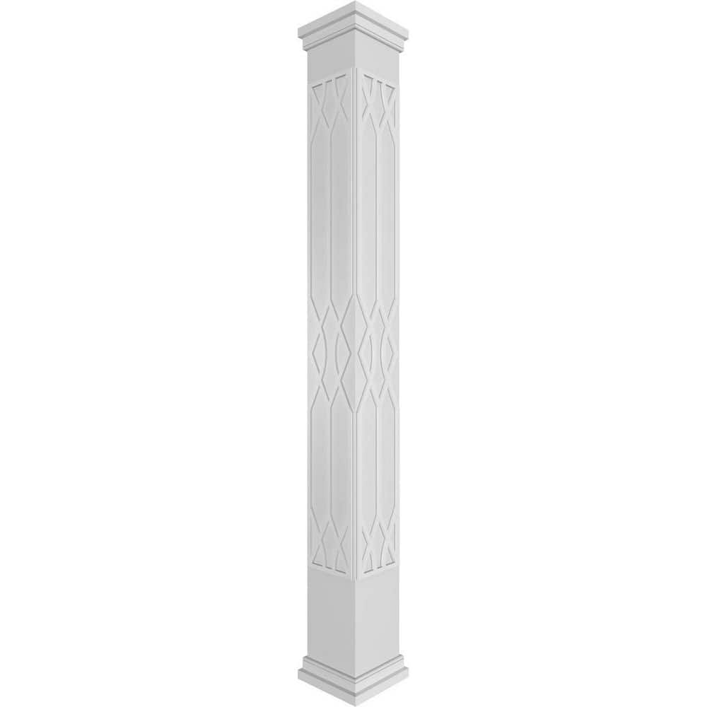 Ekena Millwork 9-5/8 in. x 8 ft. Premium Square Non-Tapered Riviera Fretwork PVC Column Wrap Kit with Prairie Capital and Base (1)
